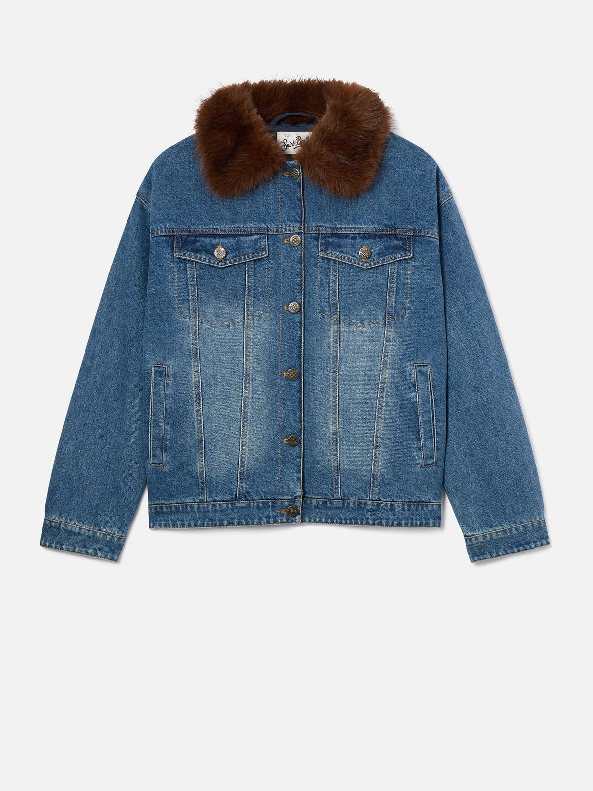 Blue Dailys Baumwoll-Denimjacke mit Kunstfellkragen 