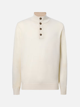 Half-zip sweater in white merino wool and cashmere