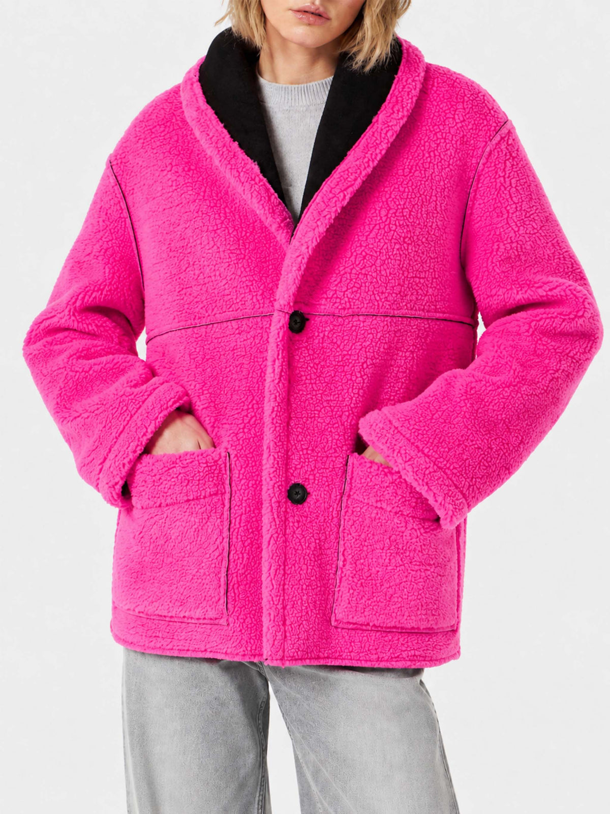 Cappotto Dorys in shearling reversibile nero e fucsia fluo