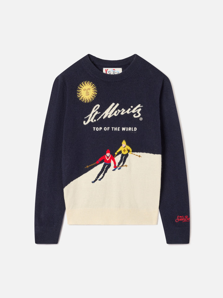 Maille col rond Navy blue Douglas avec intarsia et broderie St. Moritz | Special edition 