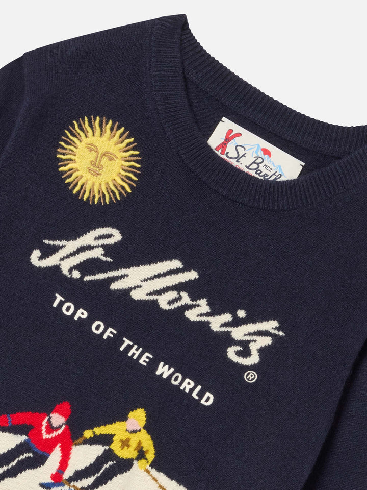 Maille col rond Navy blue Douglas avec intarsia et broderie St. Moritz | Special edition 