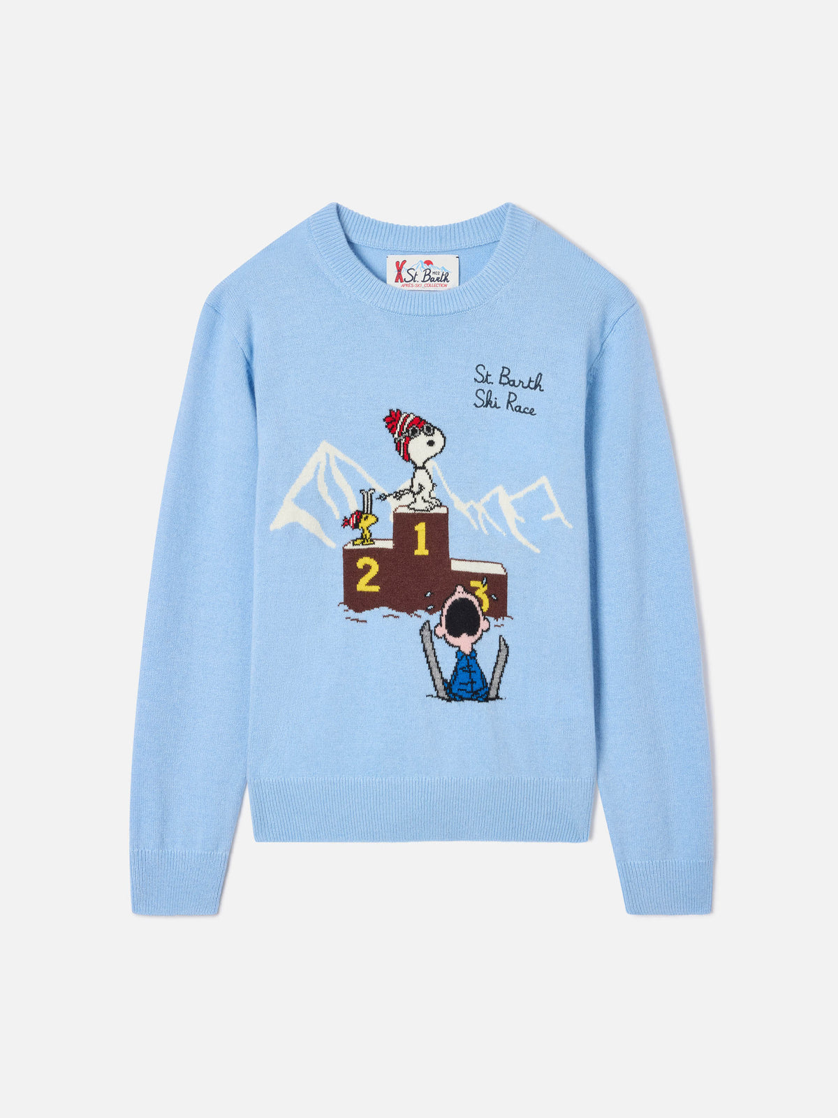 Leichter blue Douglas Rundhals-Strickpullover mit Snoopy-Intarsie und Stickerei | Special edition 