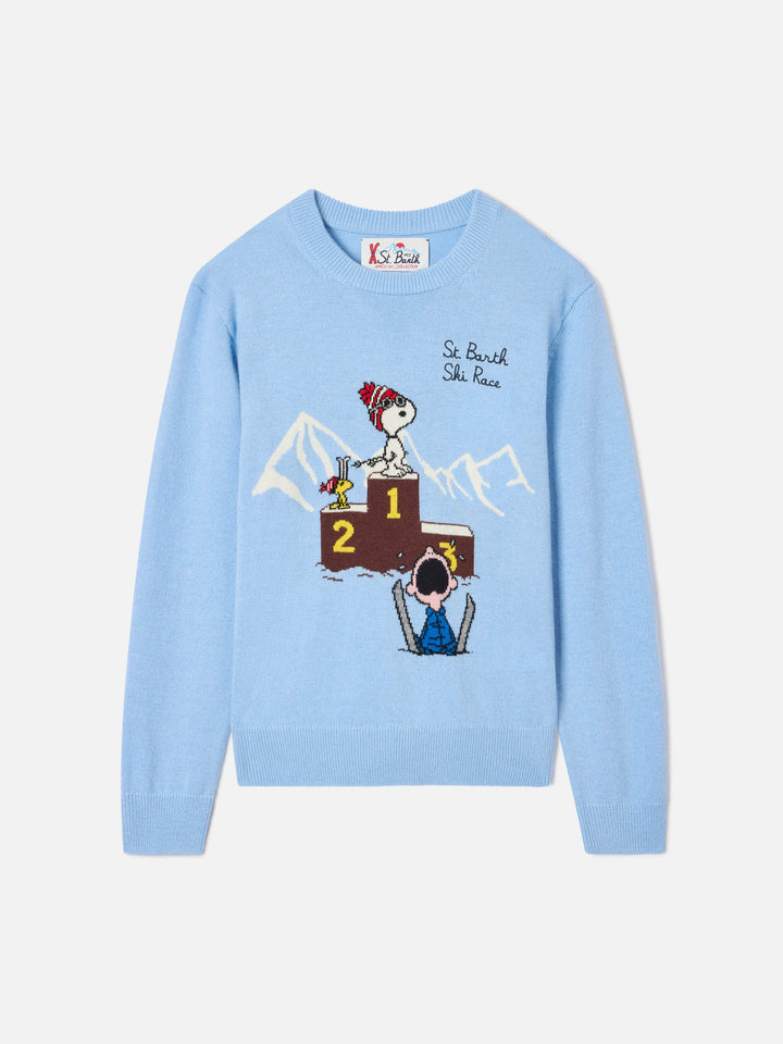 Pull ras-du-cou léger en blue Douglas avec intarsia et broderie Snoopy | Special edition 