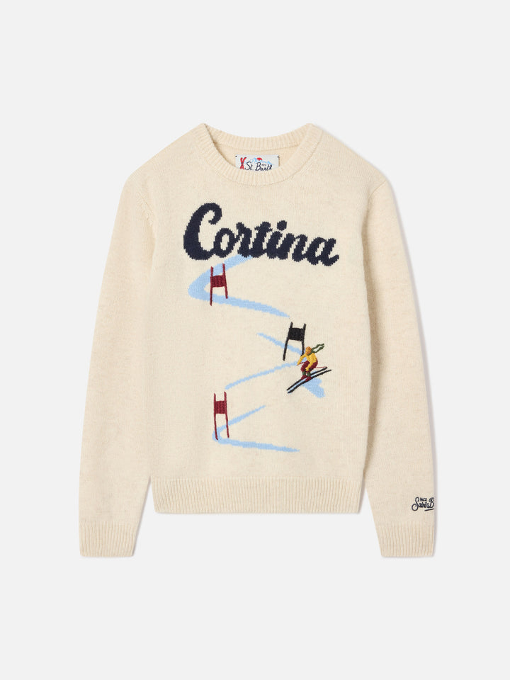 Pull col rond en maille crème Douglas avec intarsia Cortina 