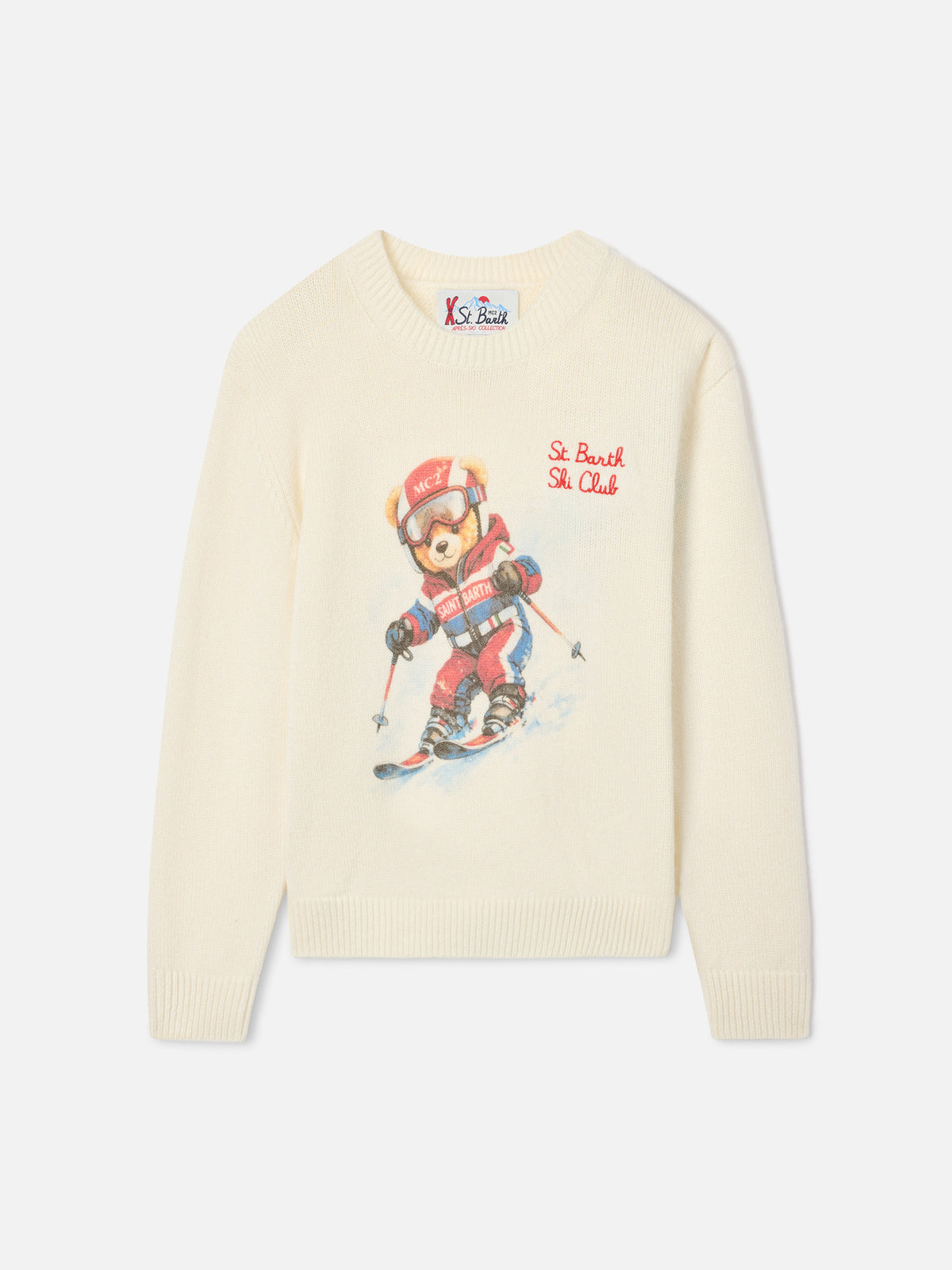 Maglia girocollo Douglas panna in misto lana e cashmere con intarsio e ricamo orsetto