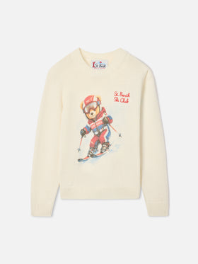 Maglia girocollo Douglas panna in misto lana e cashmere con intarsio e ricamo orsetto