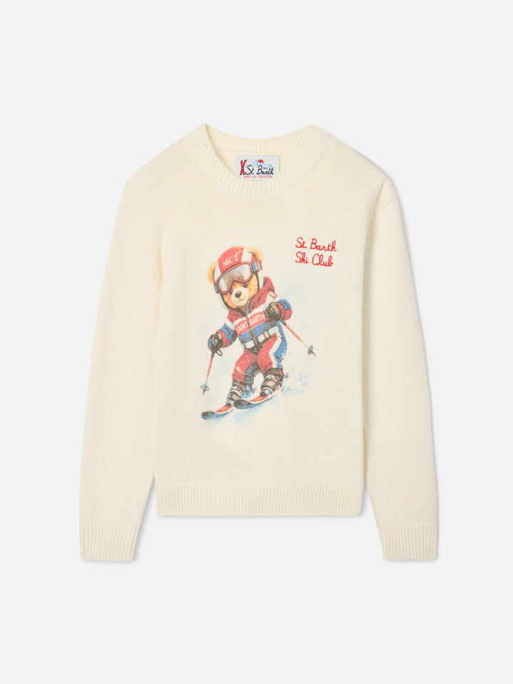 Pull col rond en mélange de laine et cachemire coloris cream Douglas avec intarsia et broderie teddy bear 
