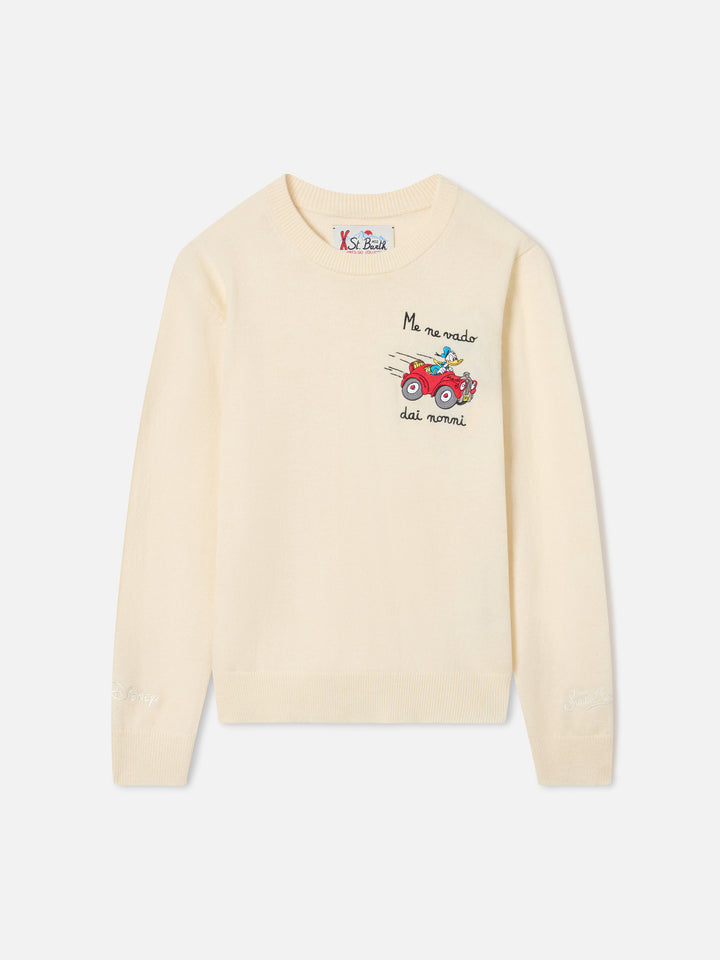 Pull ras du cou en mélange de laine et cachemire coloris cream Douglas Light avec intarsia Donald Duck | Special edition 