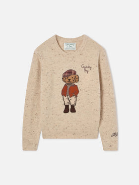 Cream Douglas wool blend Donegal knit crewneck with teddy bear patch and Country Boy embroidery