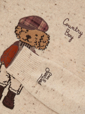 Cream Douglas wool blend Donegal knit crewneck with teddy bear patch and Country Boy embroidery