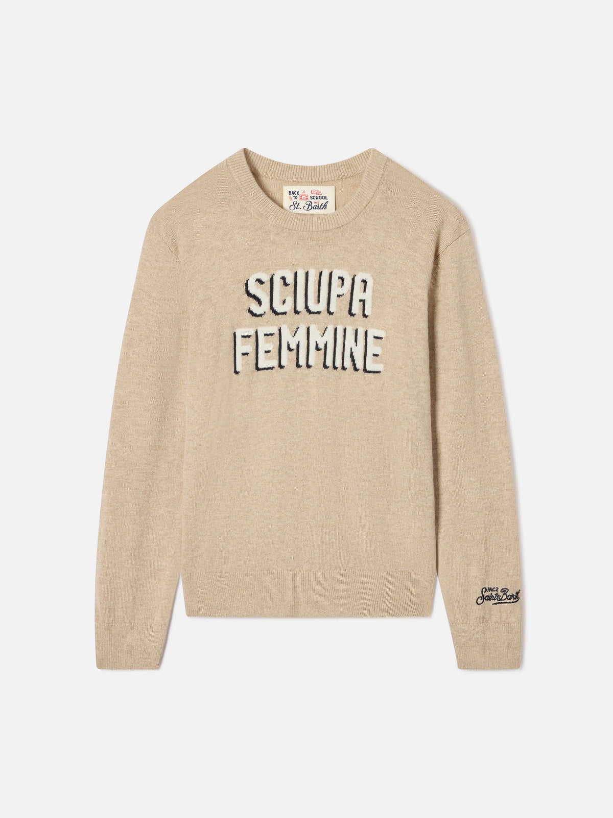 Beige Douglas cotton and virgin wool blend crewneck with Sciupa Femmine intarsia