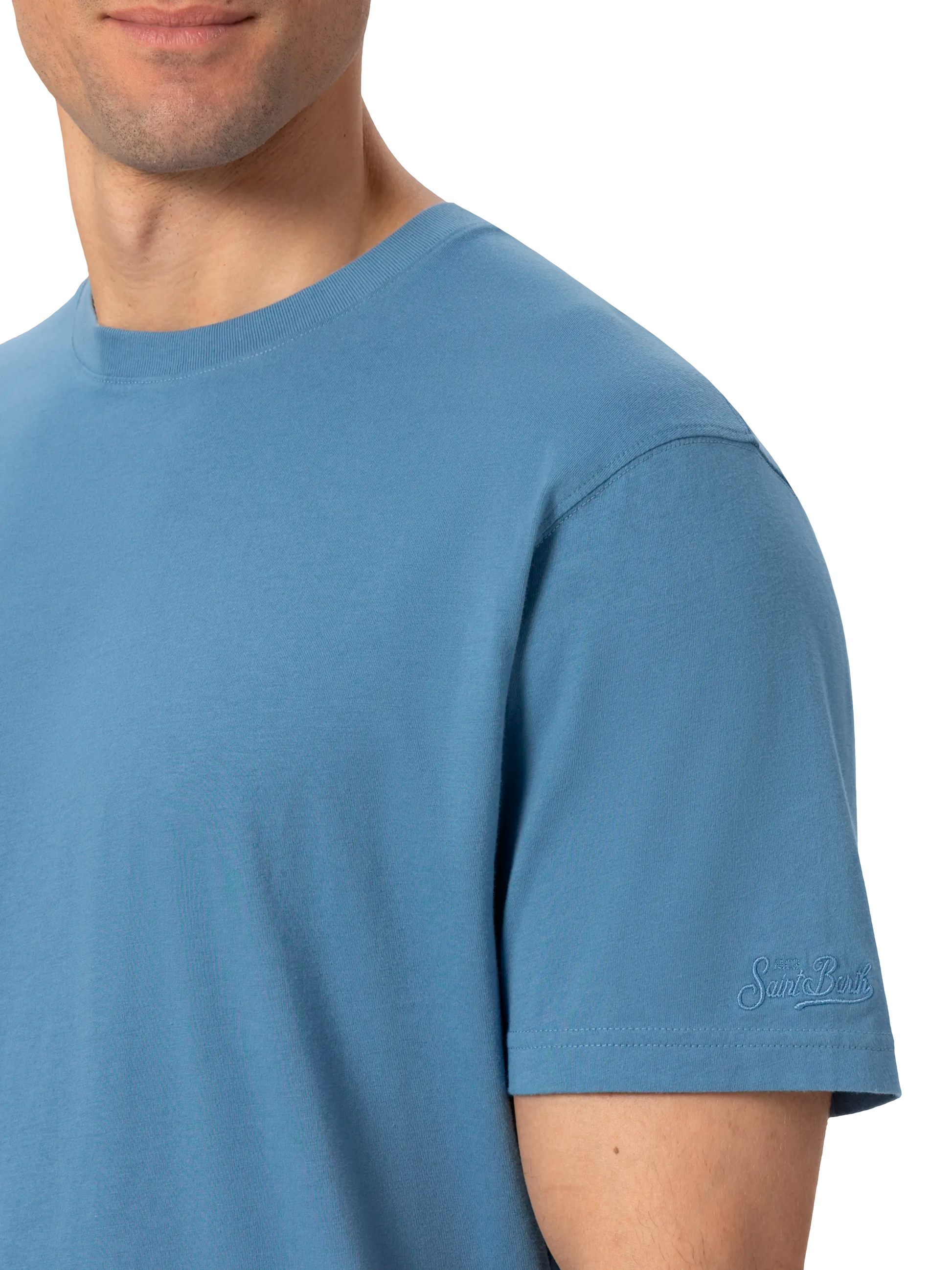 Dusty blue cotton jersey t-shirt Dover with St. Barth embroidery - MC2 Saint Barth