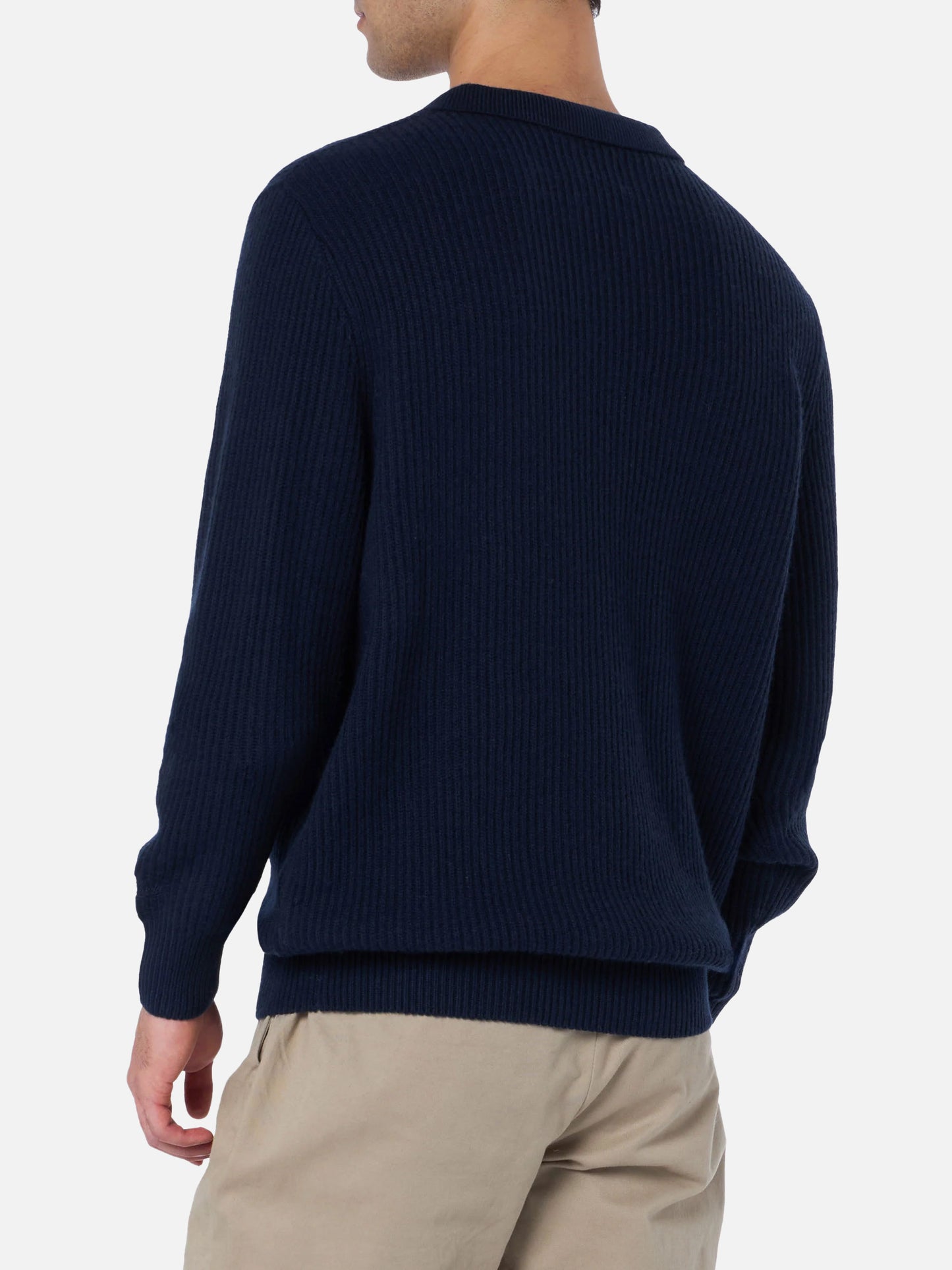Navy blue ribbed sweater Downing in BLENDED CASHMERE with buttoned collar