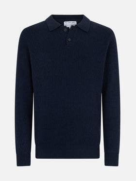 Navy blue ribbed sweater Downing in BLENDED CASHMERE with buttoned collar