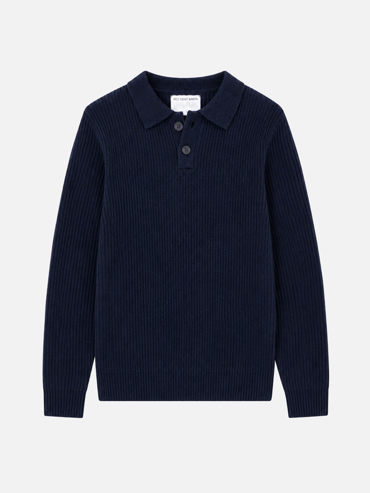 Marineblauer gerippter Pullover Downing aus BLENDED CASHMERE mit geknöpftem Kragen 