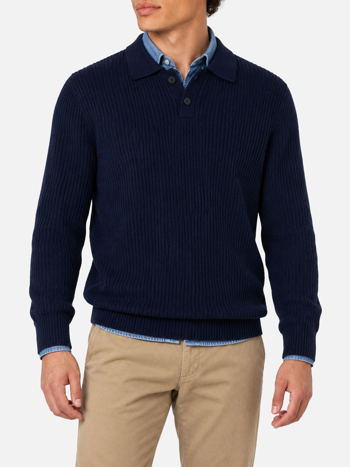 Marineblauer gerippter Pullover Downing aus BLENDED CASHMERE mit geknöpftem Kragen 