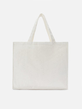 Essential white broderie anglaise cotton tote bag with contrasting logo