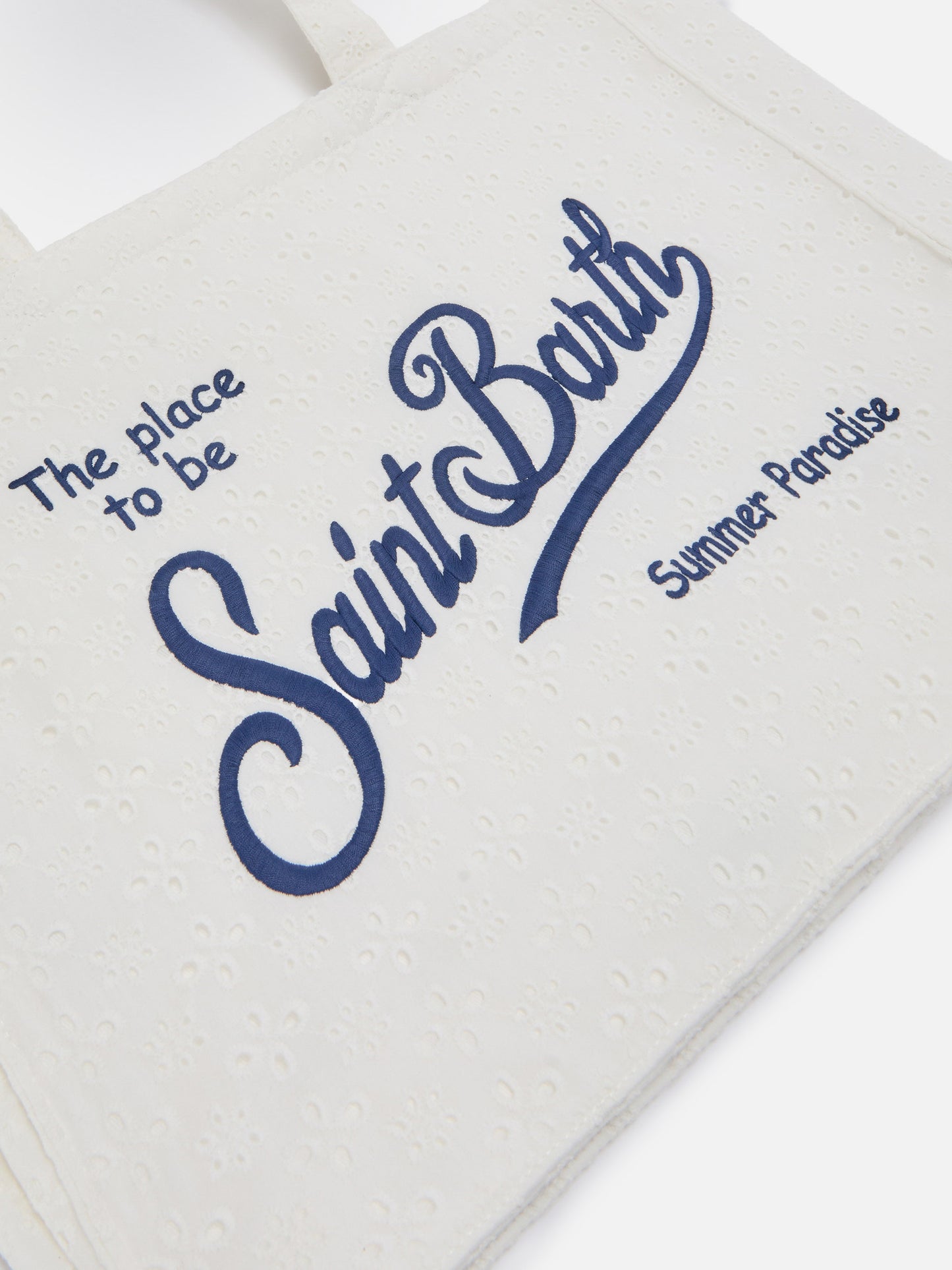 Essential white broderie anglaise cotton tote bag with contrasting logo