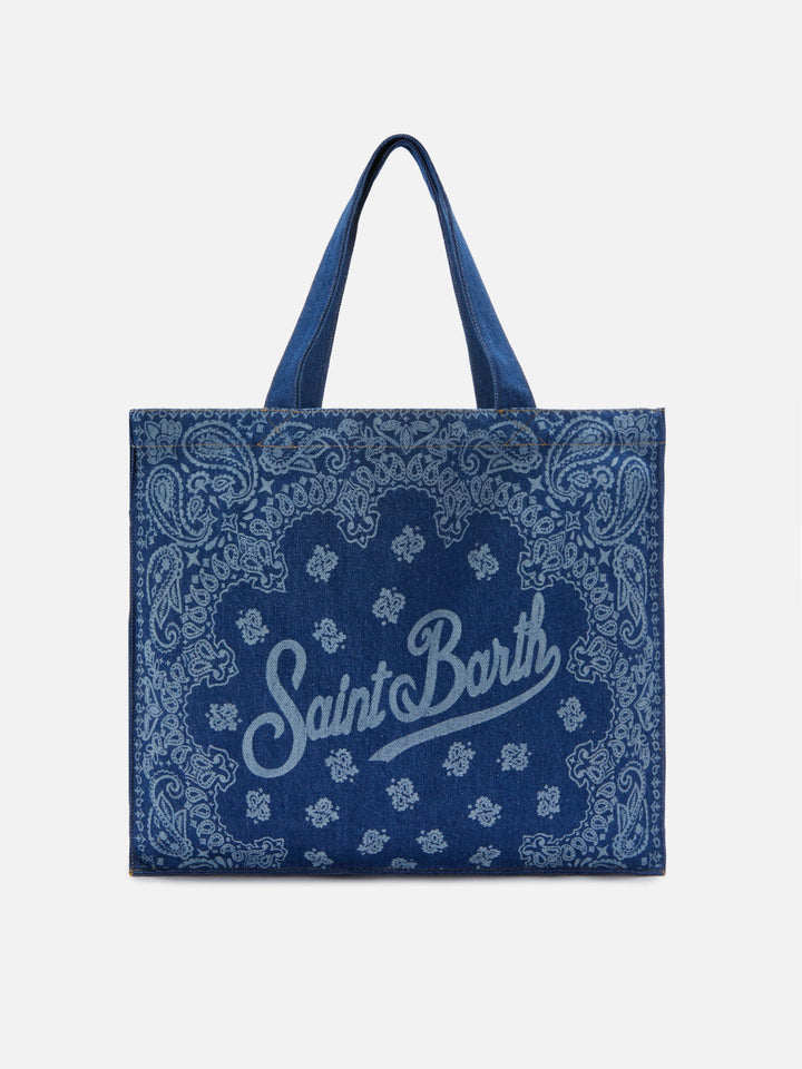 Borsa Essential in tessuto denim con stampa bandana e logo a contrasto