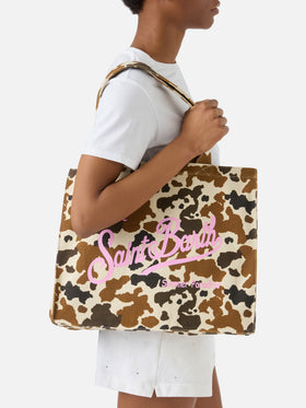 Borsa Essential in canvas con stampa muccata e logo stampato