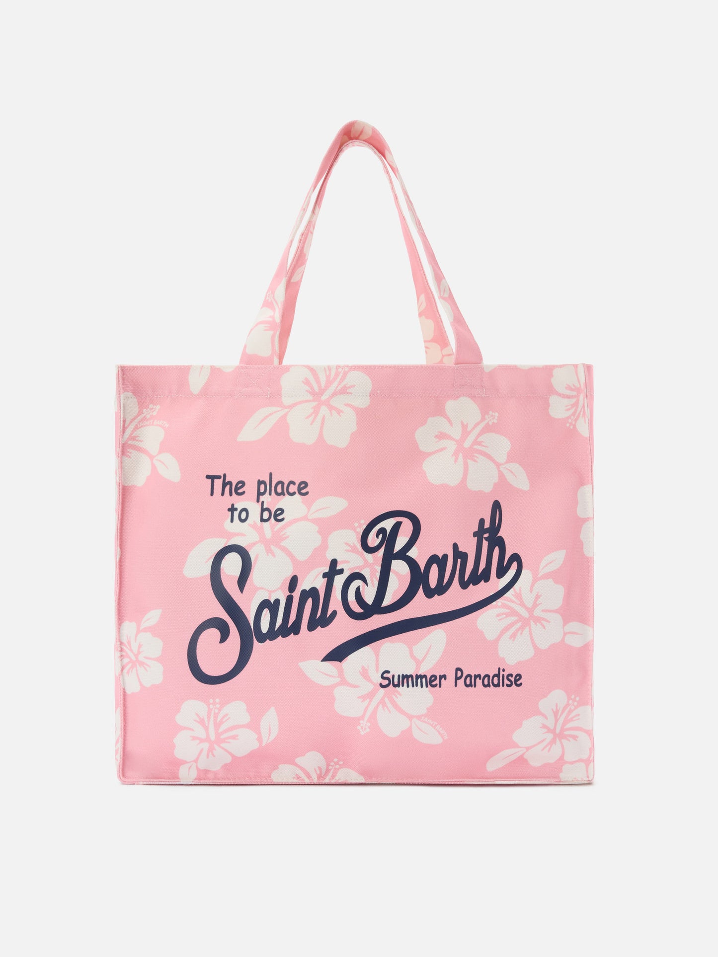 Canvas-Shopper im Essential-Design mit pinkem Hibiskus-Print und kontrastierendem Logo 