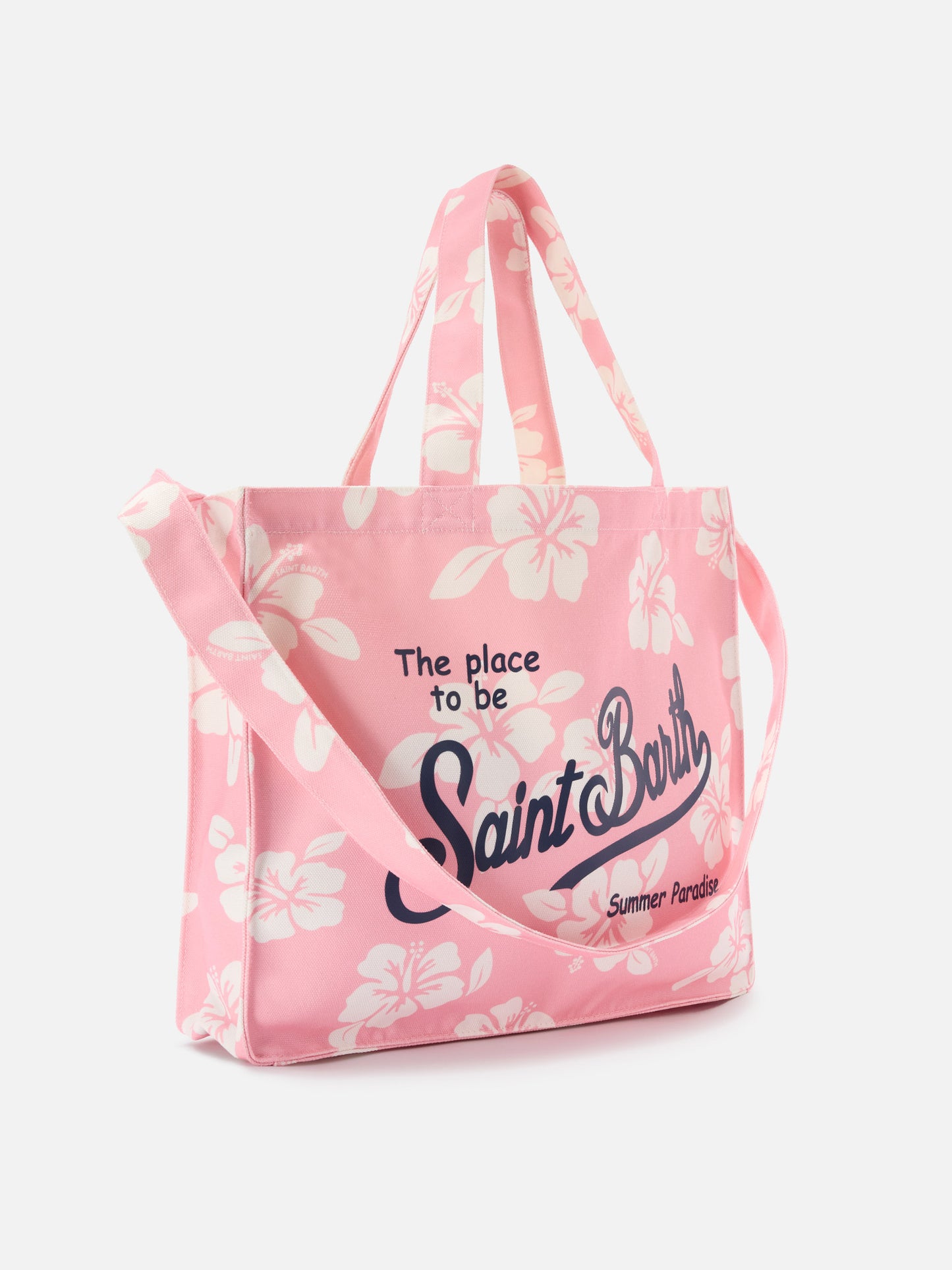 Canvas-Shopper im Essential-Design mit pinkem Hibiskus-Print und kontrastierendem Logo 