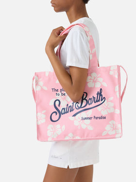 Canvas-Shopper im Essential-Design mit pinkem Hibiskus-Print und kontrastierendem Logo 