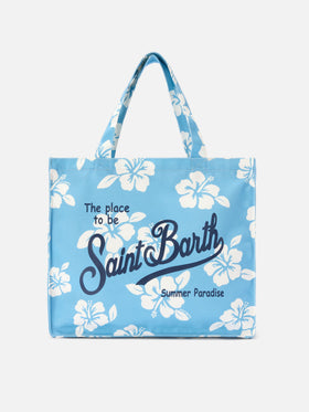 Cabas essentiel en toile avec imprimé hibiscus bleu clair et logo contrasté 