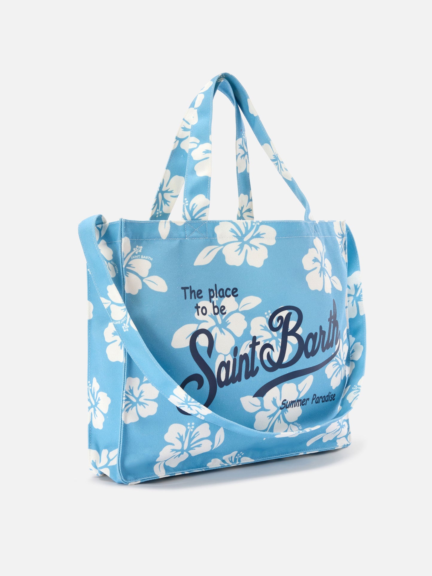 Cabas essentiel en toile avec imprimé hibiscus bleu clair et logo contrasté 