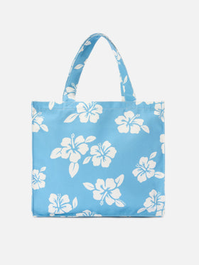 Cabas essentiel en toile avec imprimé hibiscus bleu clair et logo contrasté 
