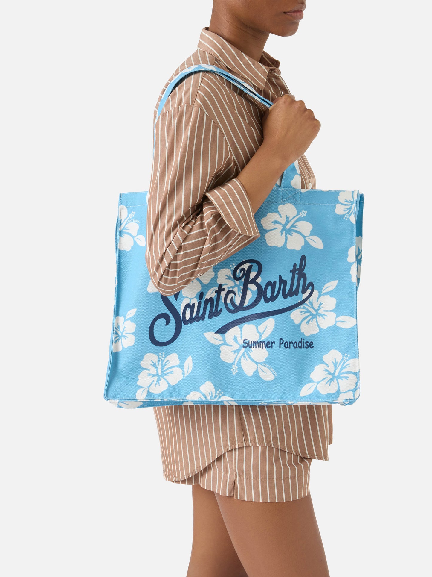 Cabas essentiel en toile avec imprimé hibiscus bleu clair et logo contrasté 
