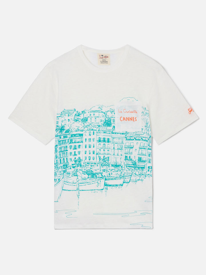 Herren-T-Shirt aus Leinenjersey Ecstasea mit platziertem Cannes-Aufdruck und gestickter Tasche