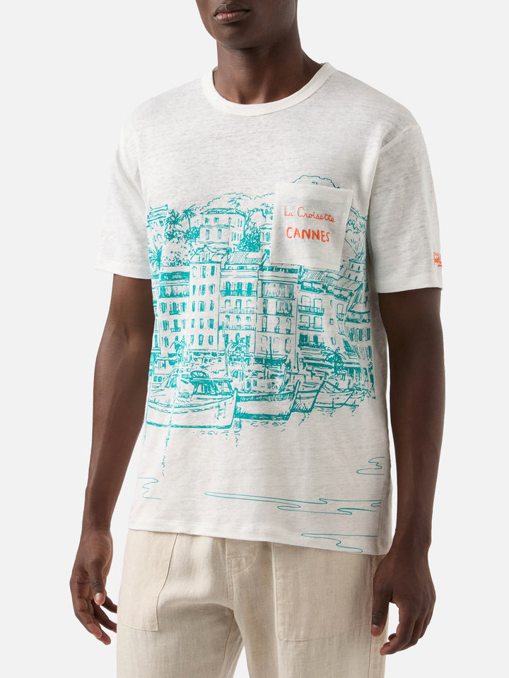 Herren-T-Shirt aus Leinenjersey Ecstasea mit platziertem Cannes-Aufdruck und gestickter Tasche