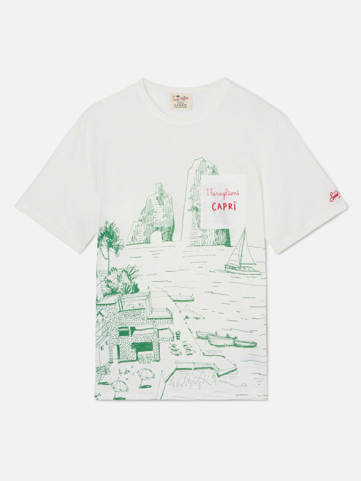 Herren-T-Shirt aus Leinenjersey Ecstasea mit platziertem Capri-Aufdruck und gestickter Tasche