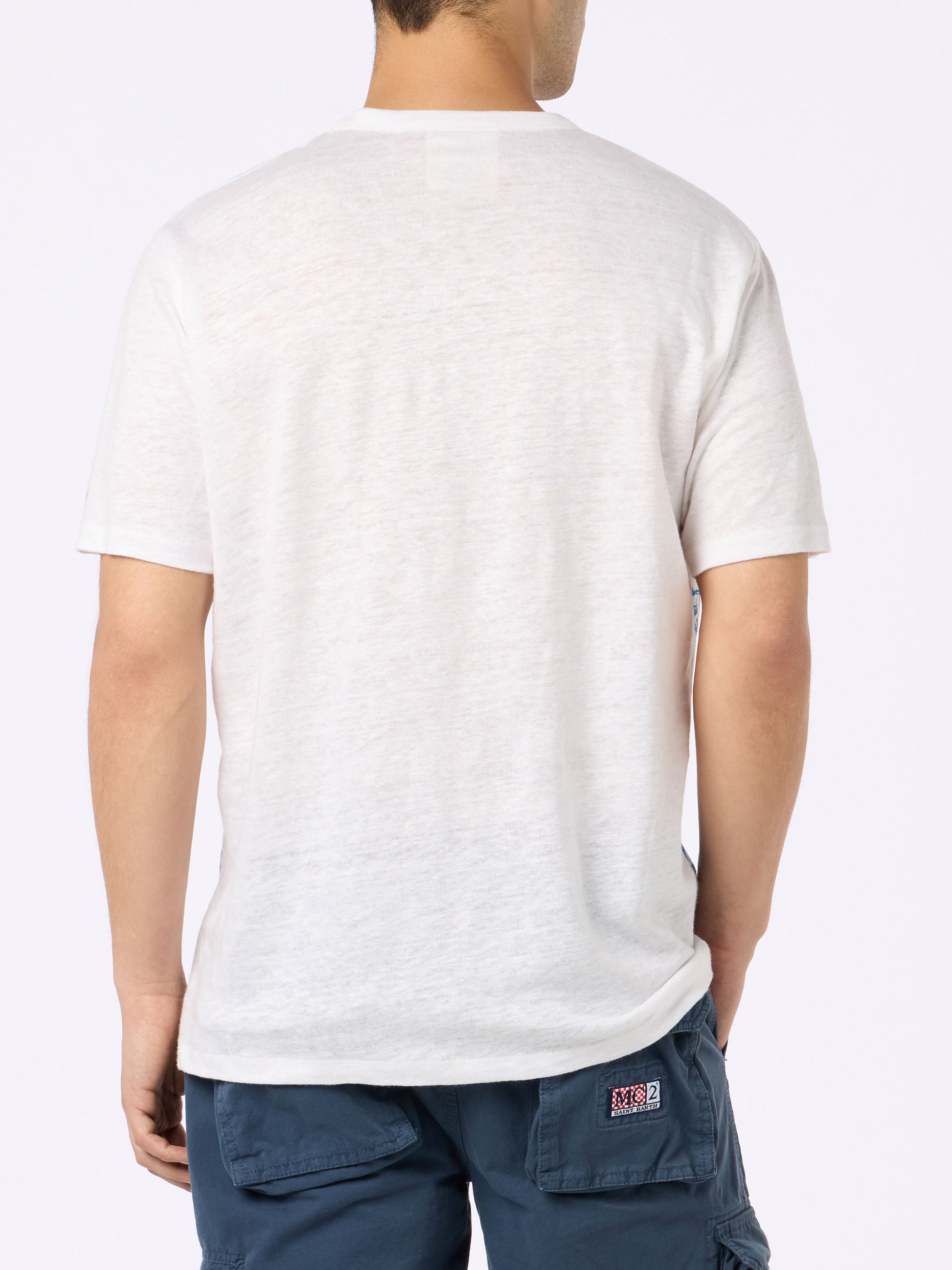 Man linen jersey t-shirt Ecstasea with Portofino placed print and embroidered pocket - MC2 Saint Barth