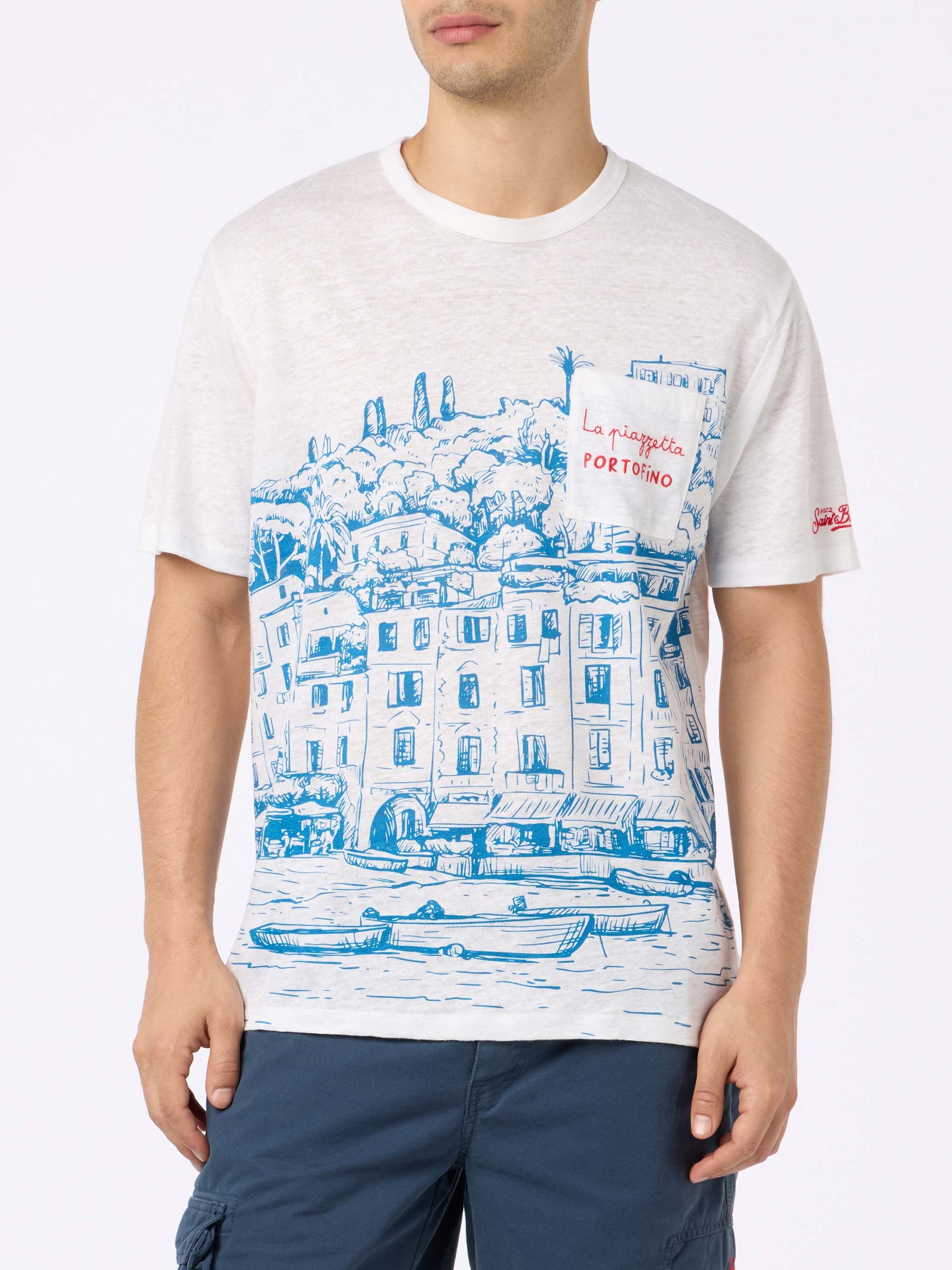 Man linen jersey t-shirt Ecstasea with Portofino placed print and embroidered pocket - MC2 Saint Barth