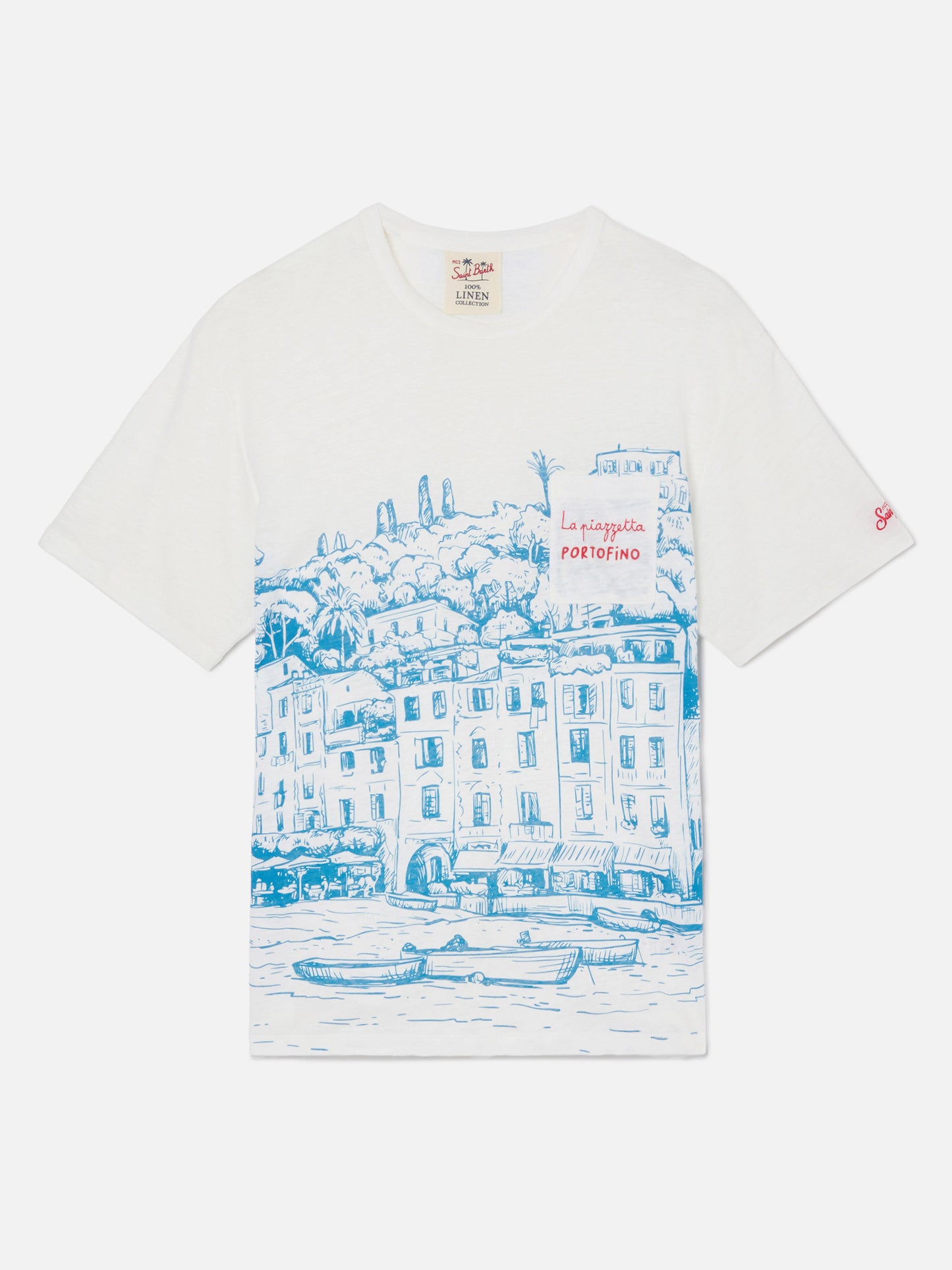 Herren-T-Shirt aus Leinenjersey Ecstasea mit platziertem Portofino-Aufdruck und gestickter Tasche