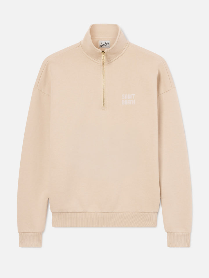 Sweat-shirt en coton beige Eliade à demi-zip avec logo floqué 