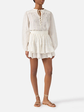 Gonna Eivissa corta in ramie beige con ricamo