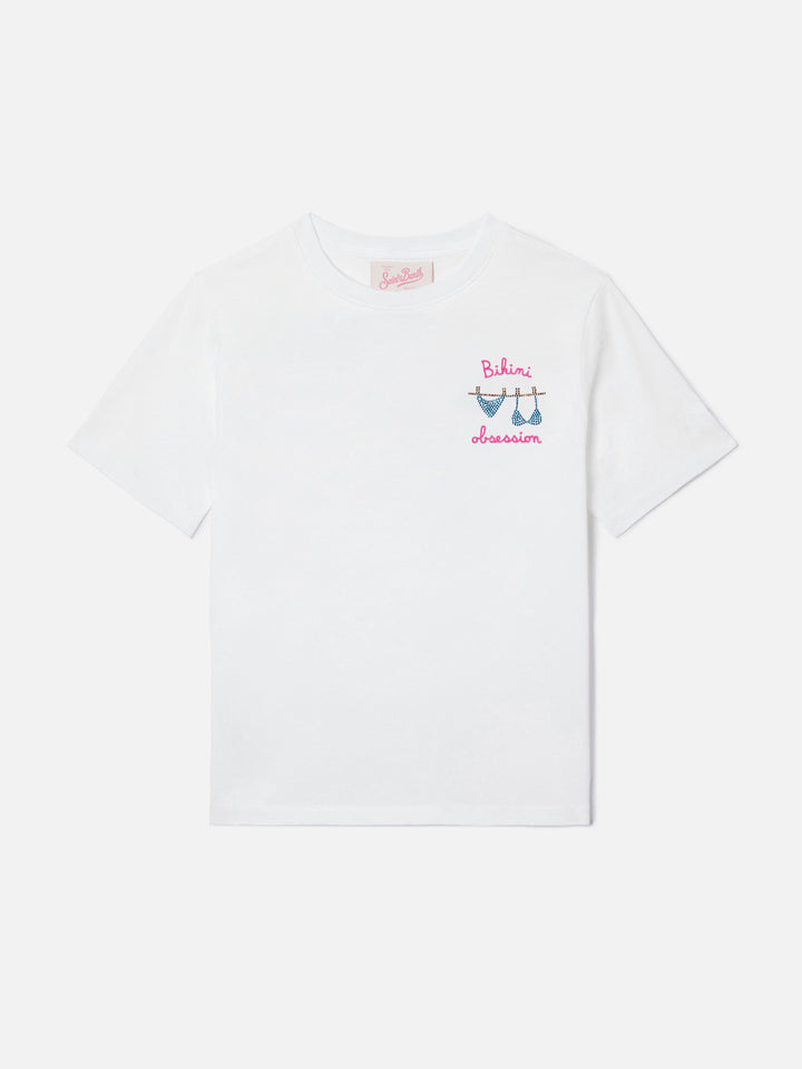 Elly T-shirt in white cotton with Bikini Obsession embroidery and rhinestones