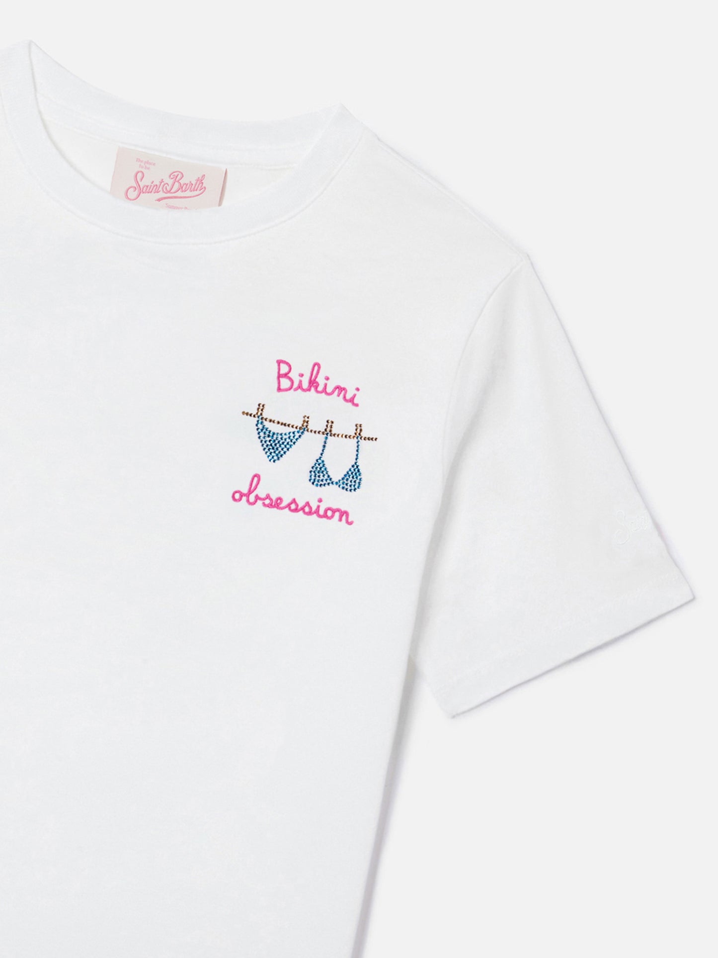 T-shirt Elly en coton blanc avec broderie Bikini Obsession et strass 