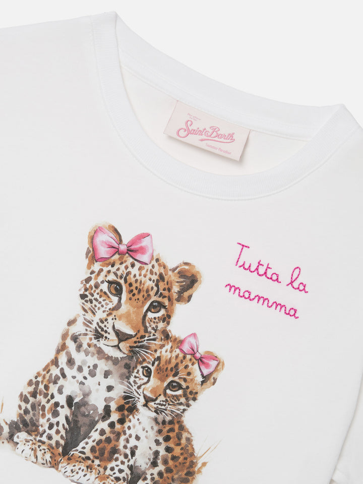T-shirt Elly bianca con stampa leopardi e ricamo Tutta la mamma