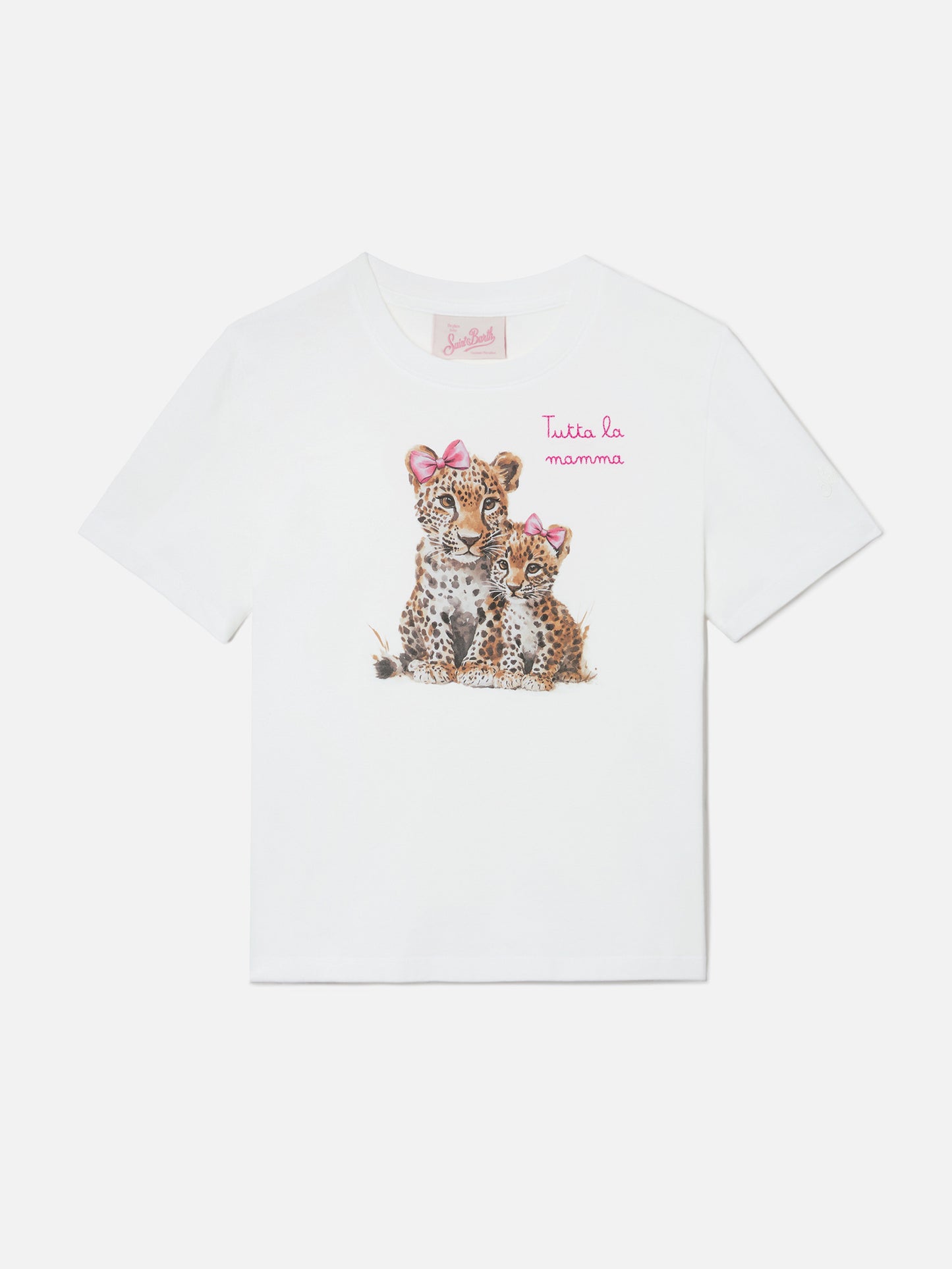 Camiseta Elly en algodón blanco con estampado de leopardo y bordado Tutta la mamma 
