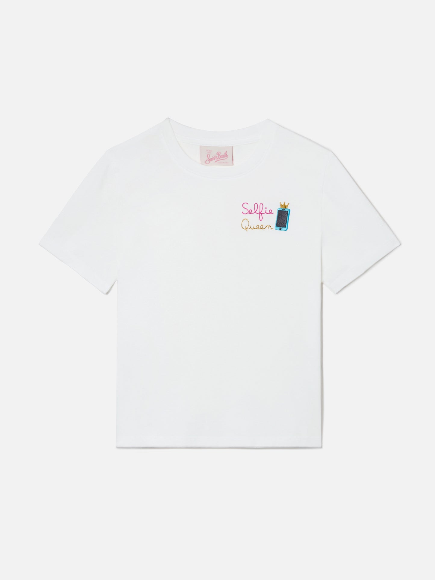 Camiseta Elly de algodón blanco con bordado Selfie Queen 