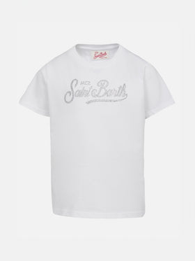 Girl cotton jersey crewneck t-shirt Elly with Saint Barth rhinestone embroidery - MC2 Saint Barth