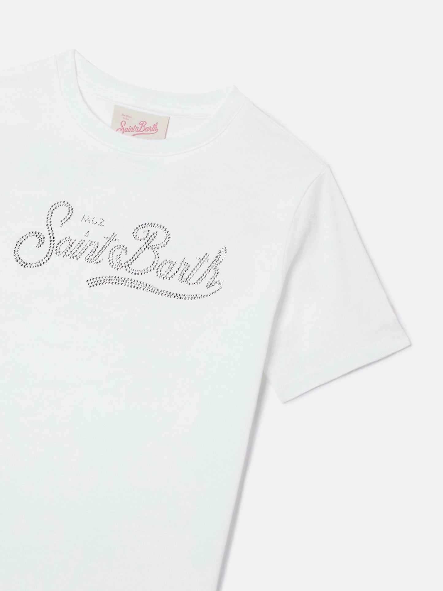 Elly T-shirt in white cotton with Saint Barth rhinestones embellishment