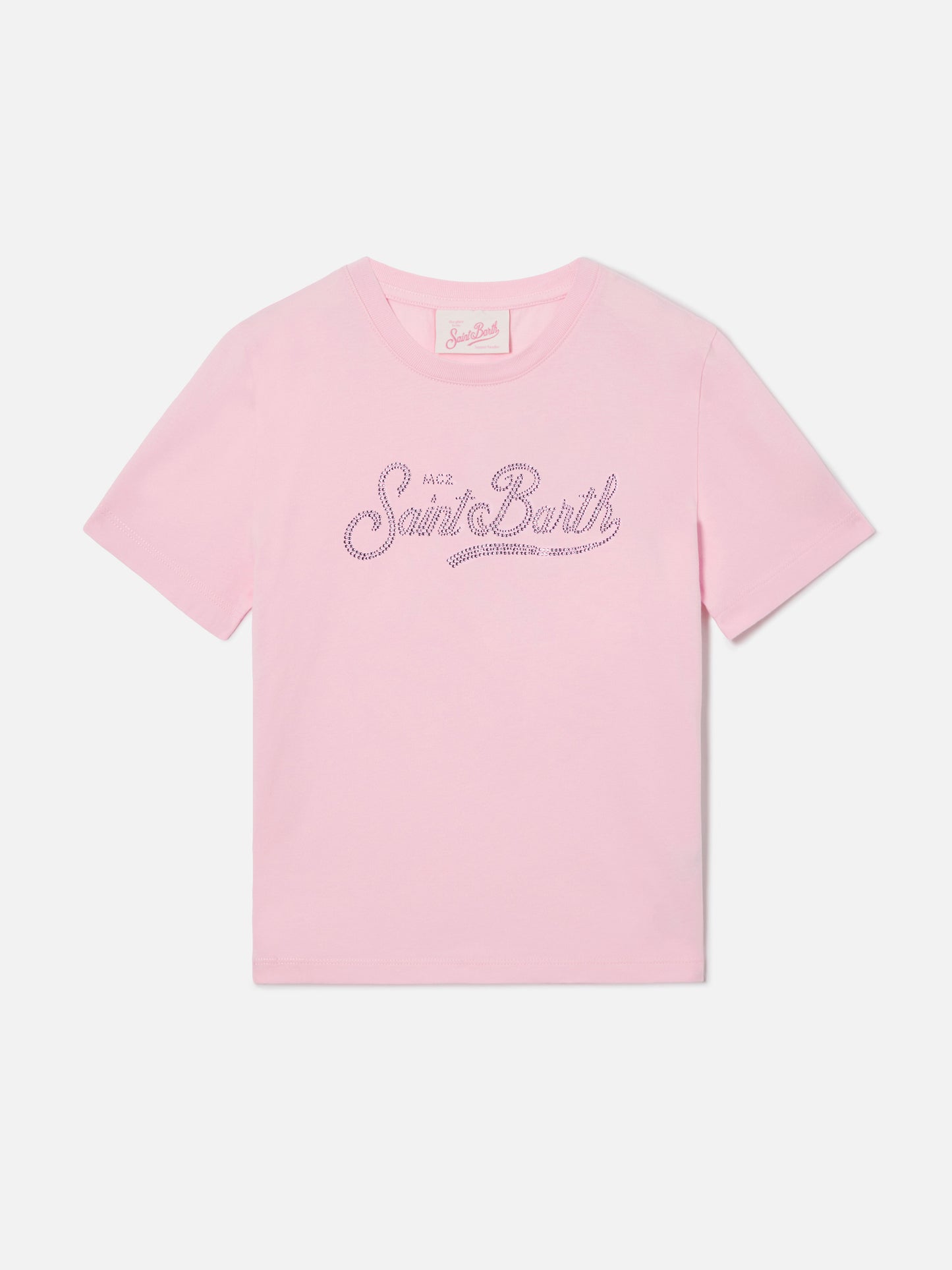 Elly T-shirt in pink cotton with Saint Barth logo rhinestones embellishment