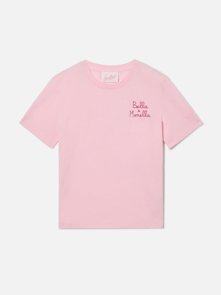 Elly T-shirt in pink cotton with Bella Monella embroidery