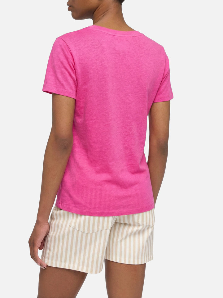 Eloise t-shirt scollo a V in jersey di lino rosa fluo