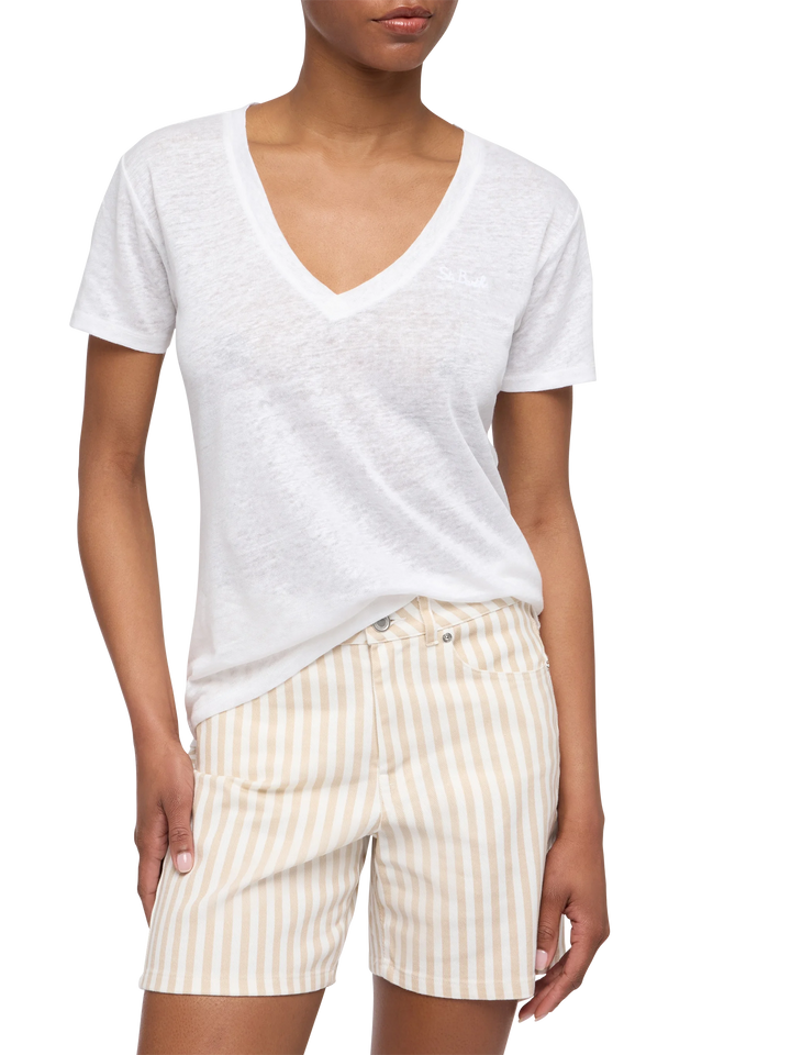 Linen jersey white V-neck t-shirt Eloise - MC2 Saint Barth